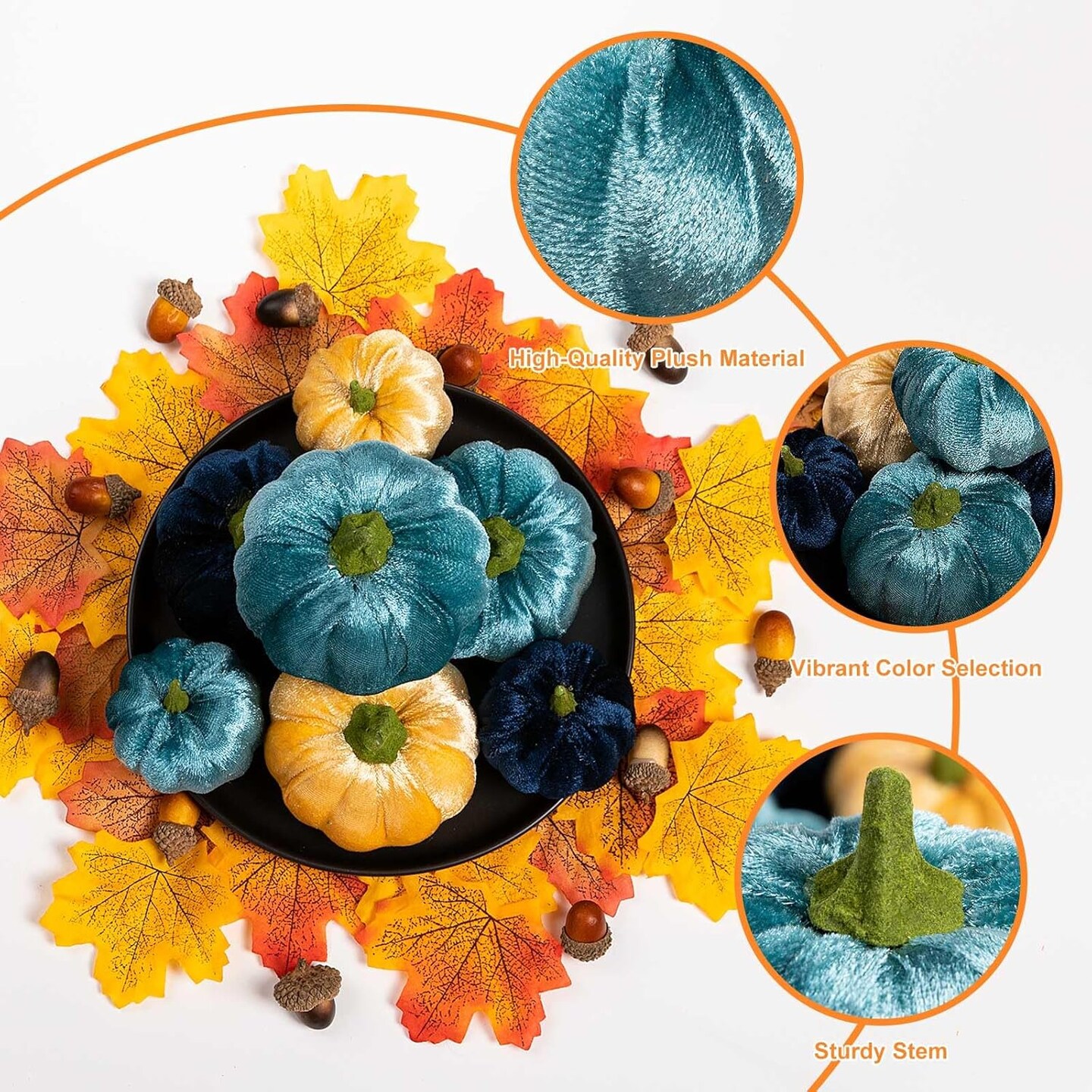 12 Pcs Pumpkin Fall Decorations (Velvet-Blue)
