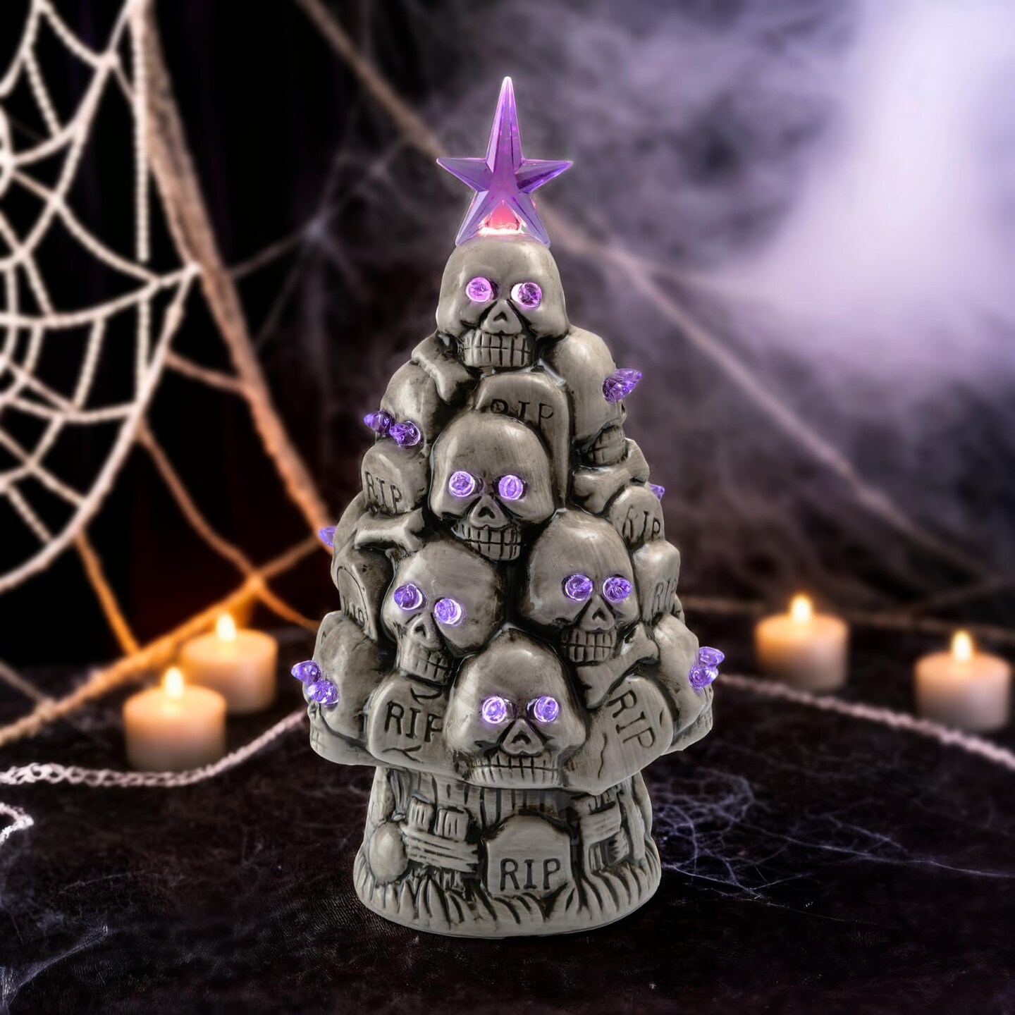 Battery Operated Halloween Gothic Skeleton Tree Tabletop Decor(Ceramic Rip Tombstone Tree)