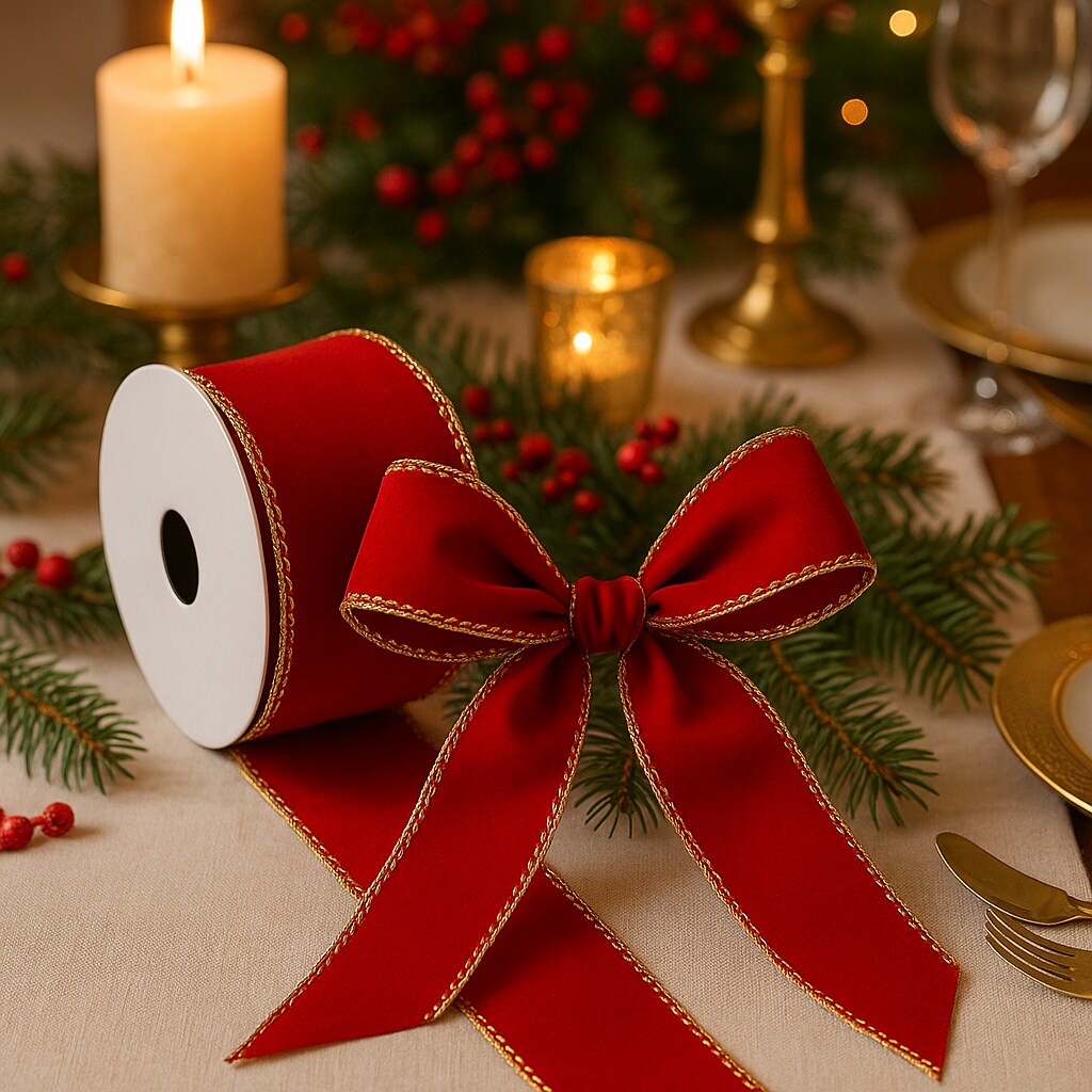 Designer’s Shop WR 63-5111 Holiday Velvet Red with Metallic Gold wired edge ribbons (2.5” x 10 yards)