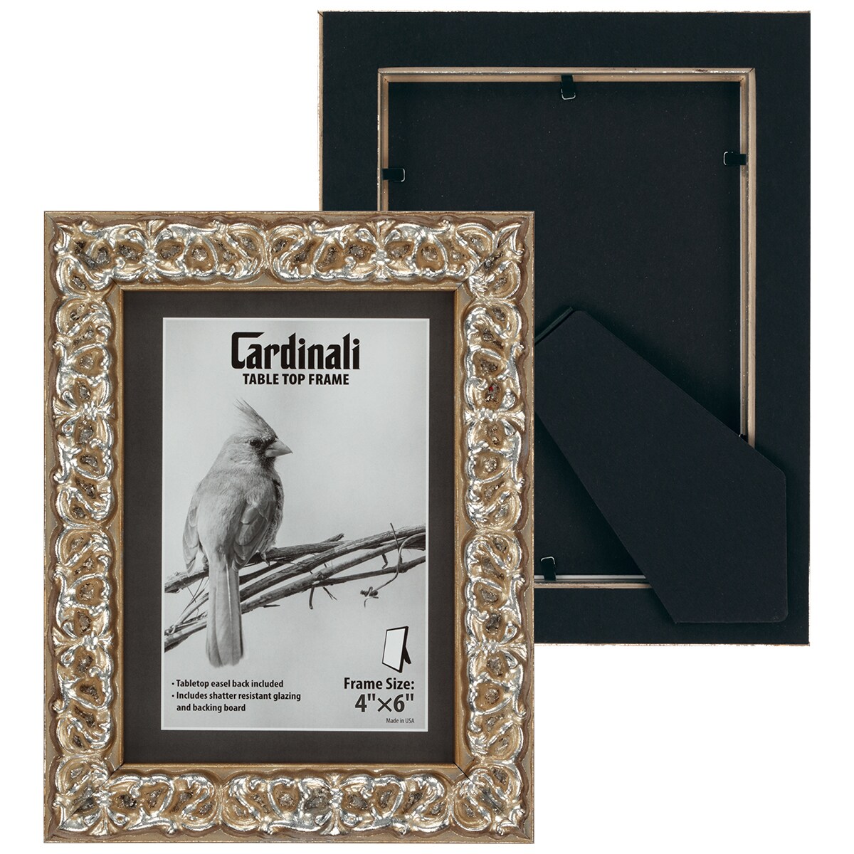Cardinali Harper Tabletop Ornate Picture Frame, 4x6" Silver Vintage Frame Style, Hand-Finished, for Photos or Art, Standing Easel Back with Shatter-Resistant Acrylic Glazing & Acid-Free Backing