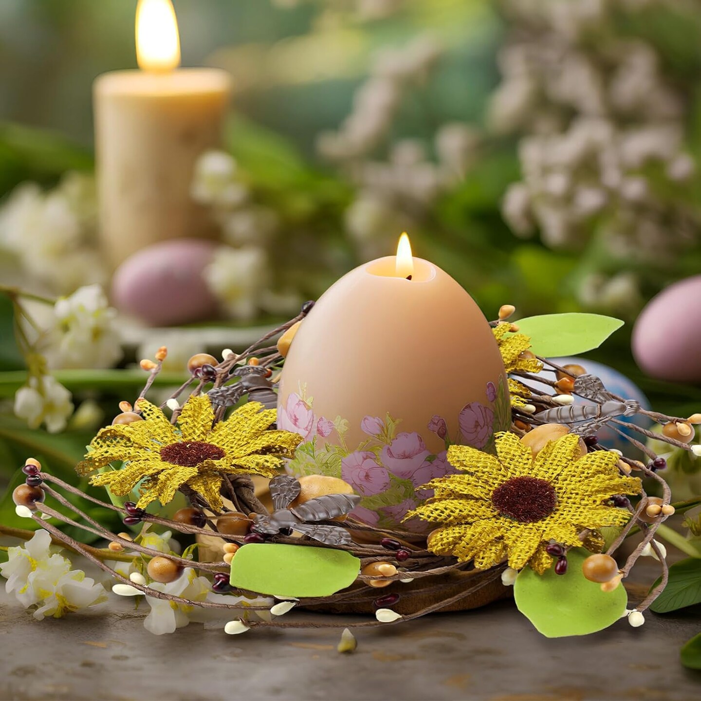 2 Pcs Retro Spring Sunflower Candle Wreaths – 6-Inch Candle Rings with Sunflowers, Honeycomb Leaves & Pillar Decor for Indoor & Outdoor Tables, Holiday & Seasonal Centerpieces