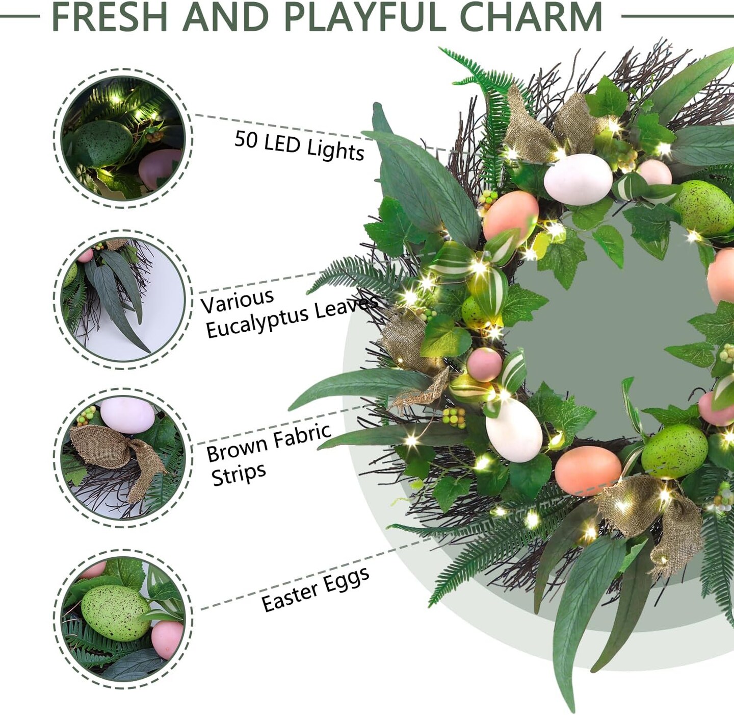 20 Inchs Easter Wreath for Front Door, Decor with Easter Eggs, Fabric Strips, Come with Hanger/Hook, 50LED Lights, Timer, for Outdoor Indoor Wall Window, for Spring Summer Hoilday, Gift