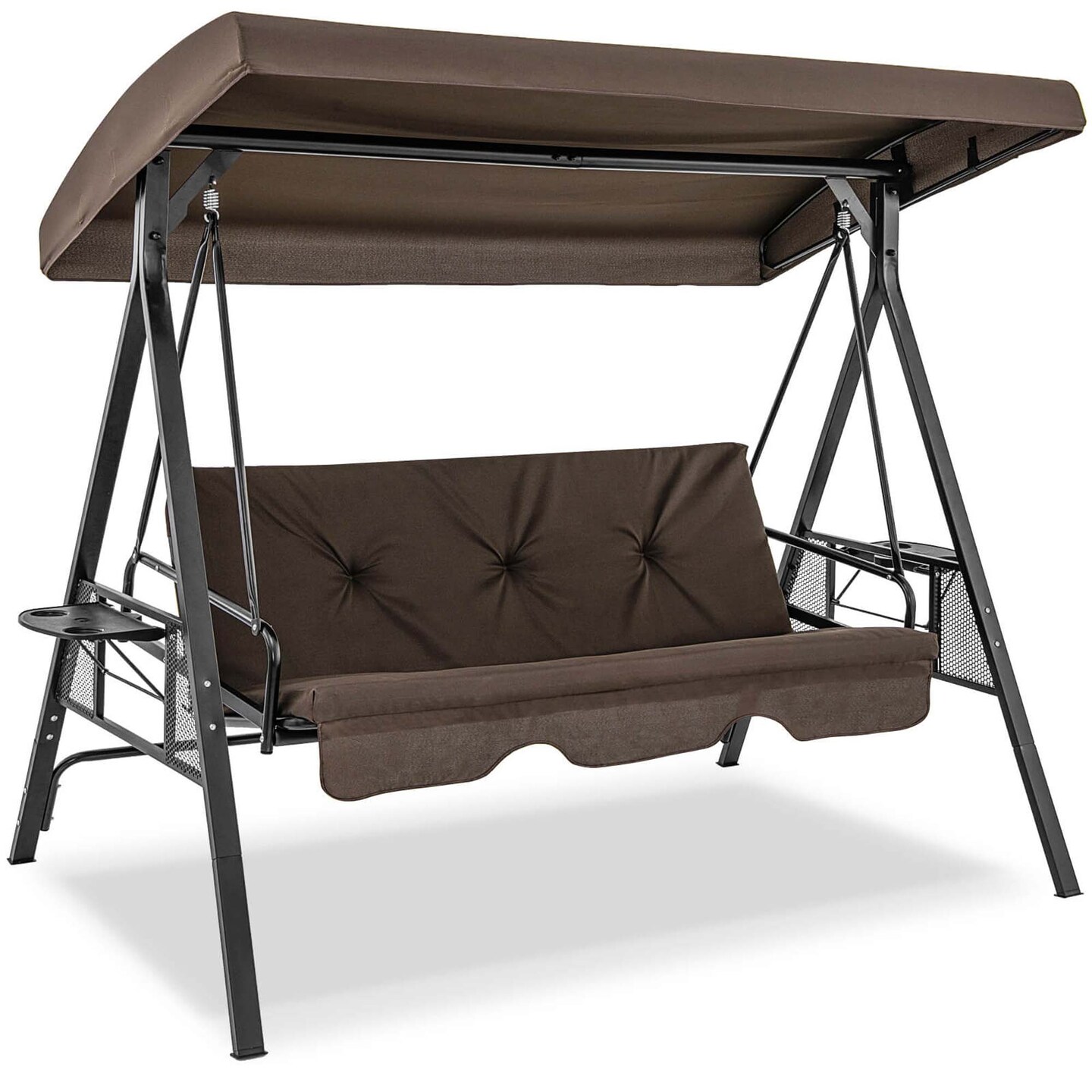 Costway 3-Seat Patio Porch Swing withAdjustable Canopy Soft Seat Back Cushions Side Tables Brown/Grey