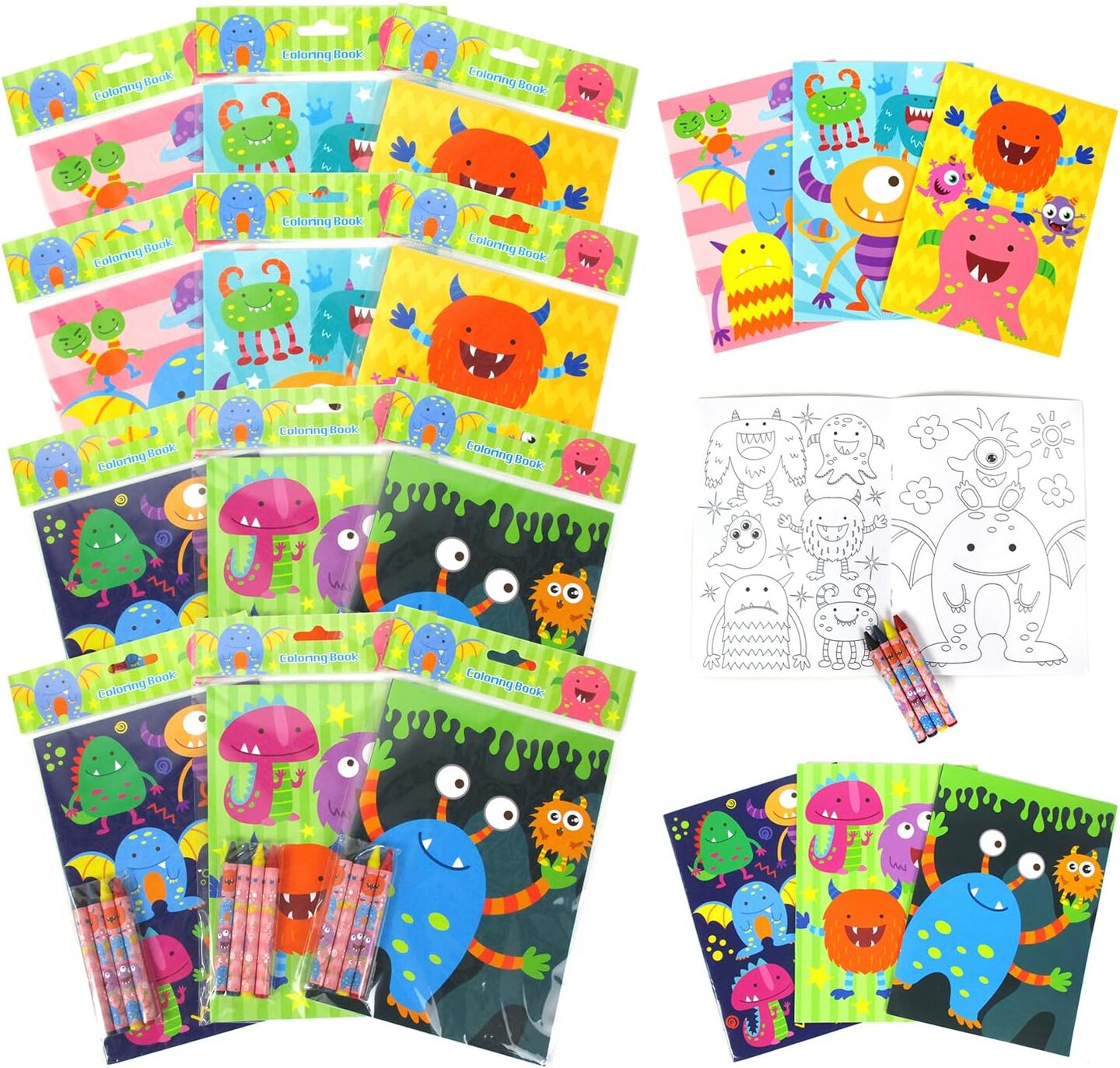TINYMILLS Monster Coloring Book Set with 12 Coloring Books and 48 Crayons Monster Birthday Party Favor Bag Filler Carnival Prizes Rewards Classroom Party Halloween Favors