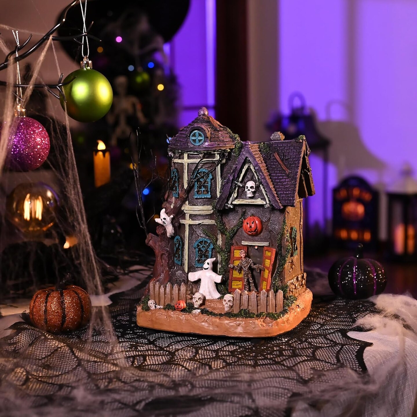 Halloween Village for Home Decor, 10Inch Lighted Cute Halloween House Resin Statue with Music and Colorful Light, Haunted House Gift for Table Yard Outdoor Indoor Party Decoration