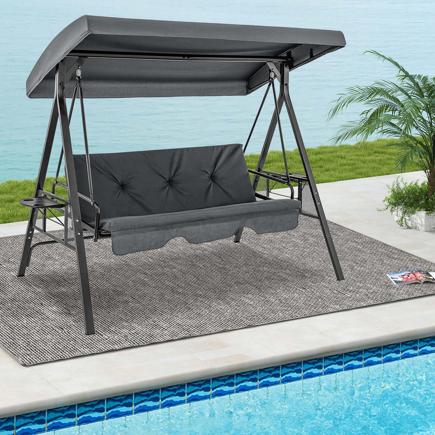 Costway 3-Seat Patio Porch Swing withAdjustable Canopy Soft Seat Back Cushions Side Tables Brown/Grey