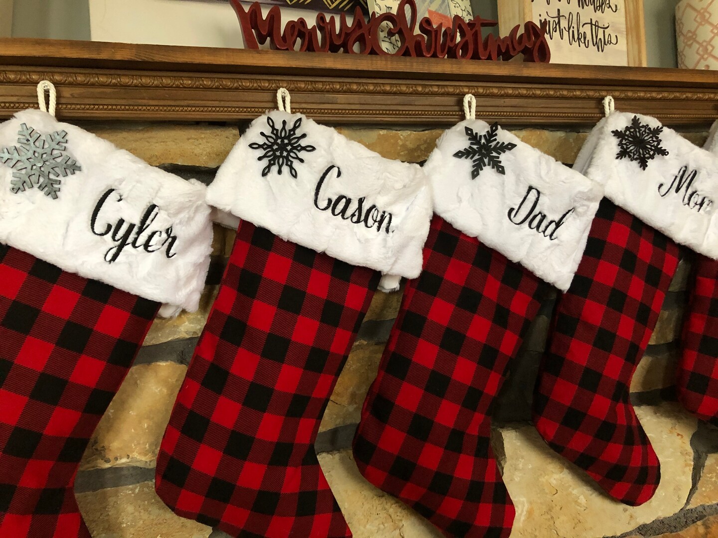 Personalized Christmas Stocking, Festive Red and Black Buffalo Plaid Stockings - Customizable with White Fur Cuff