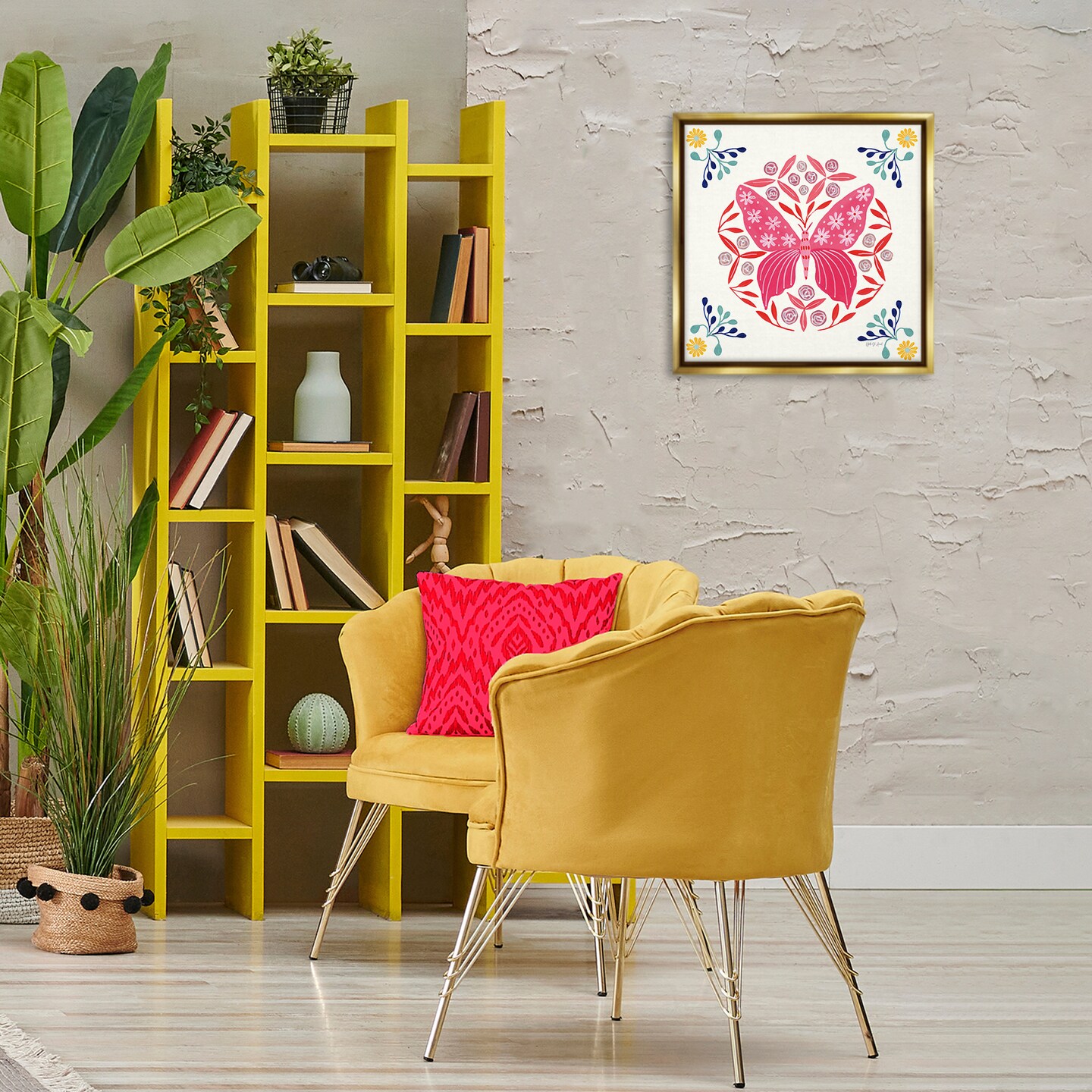Stupell Industries Pink Folk Butterfly Floater Framed Canvas Wall Art Design by Yvette St. Amant