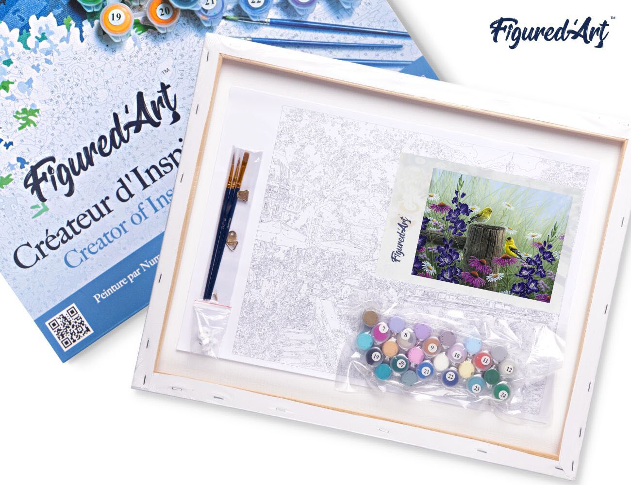 Figured'Art Paint by Numbers Kit for Adults with Frame Goldfinch Birds 16"x20" - Craft Art Painting DIY Kit Canvas Already Stretched on a Wooden Frame