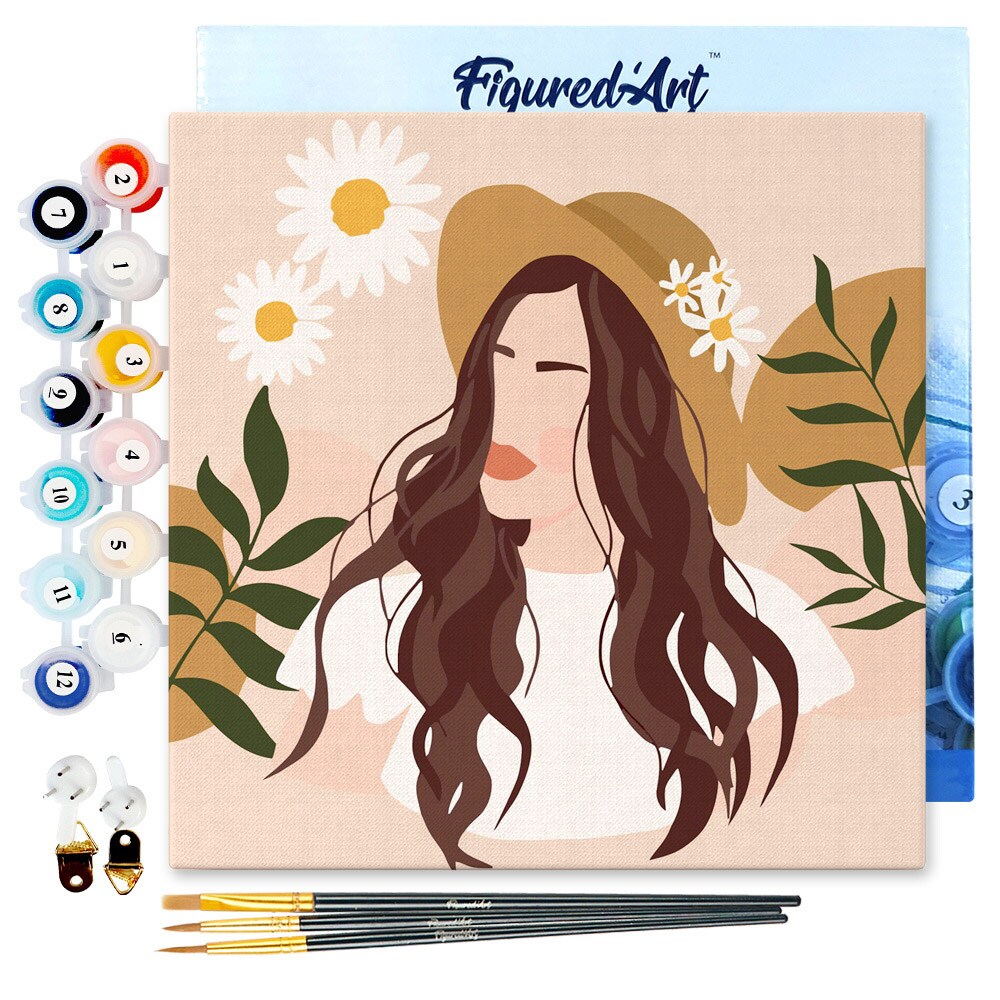Figured&#x27;Art Mini Paint by Numbers Kit for Adults with Frame Abstract Woman and Daisies Small format 8&#x22;x8&#x22; - Craft Art Painting DIY Canvas Already Stretched on a Wooden Frame