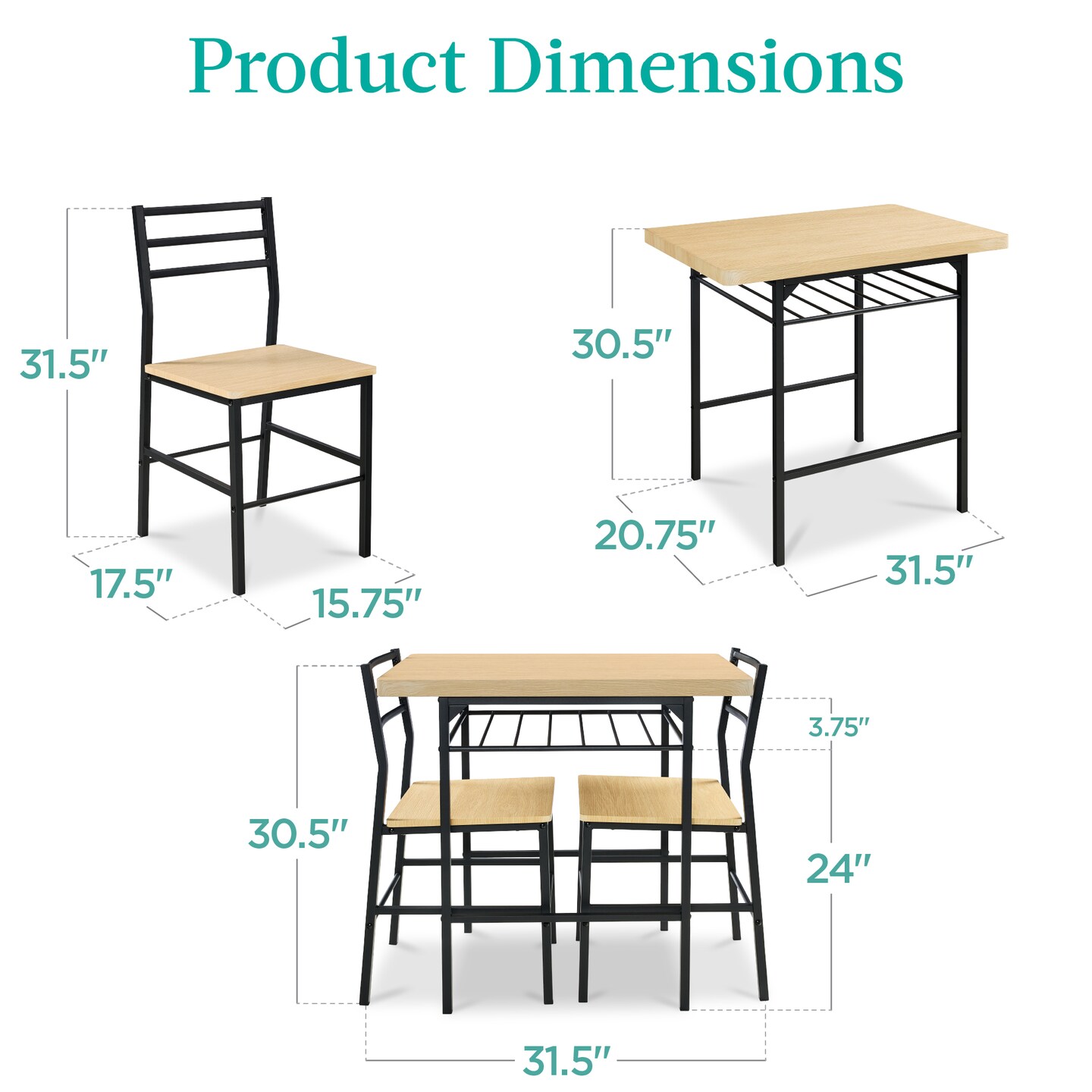 Best Choice Products 3-Piece Modern Dining Set, Square Table &#x26; Chairs Set w/ Steel Frame, Built-In Storage Rack