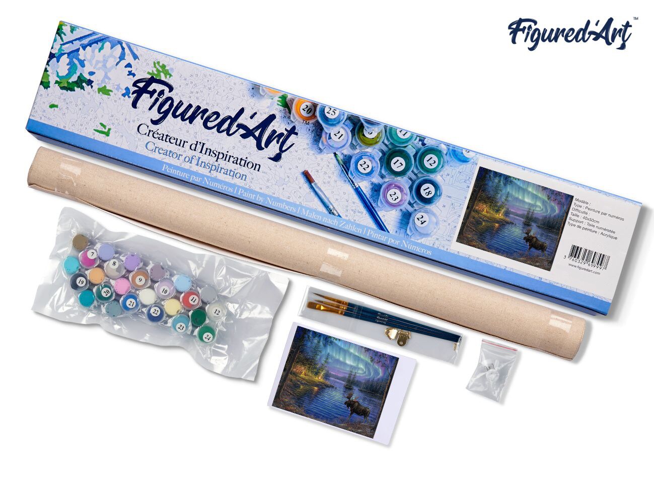 Figured'Art Paint by Numbers for Adults Moose and aurora borealis 16"x20" - Craft Art Painting DIY Kit Rolled Canvas without frame