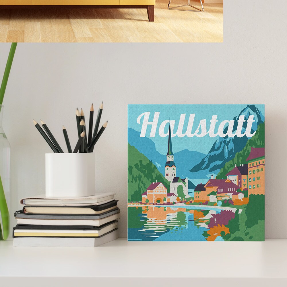 Figured&#x27;Art Mini Paint by Numbers Kit for Adults with Frame Travel Poster Hallstatt Small format 8&#x22;x8&#x22; - Craft Art Painting DIY Canvas Already Stretched on a Wooden Frame