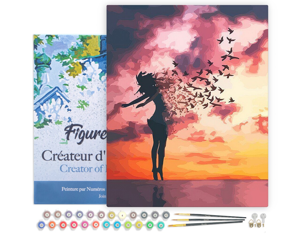 Figured&#x27;Art Paint by Numbers for Adults with Frame Women and Birds at Sunrise 16&#x22;x20&#x22; - Craft Art Painting DIY Kit Canvas Already Stretched on a Wooden Frame