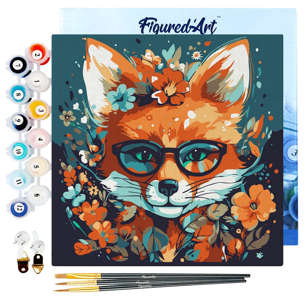 Figured&#x27;Art Mini Paint by Numbers Kit for Adults with Frame Fantasy fox and flowers Small format 8&#x22;x8&#x22; - Craft Art Painting DIY Canvas Already Stretched on a Wooden Frame