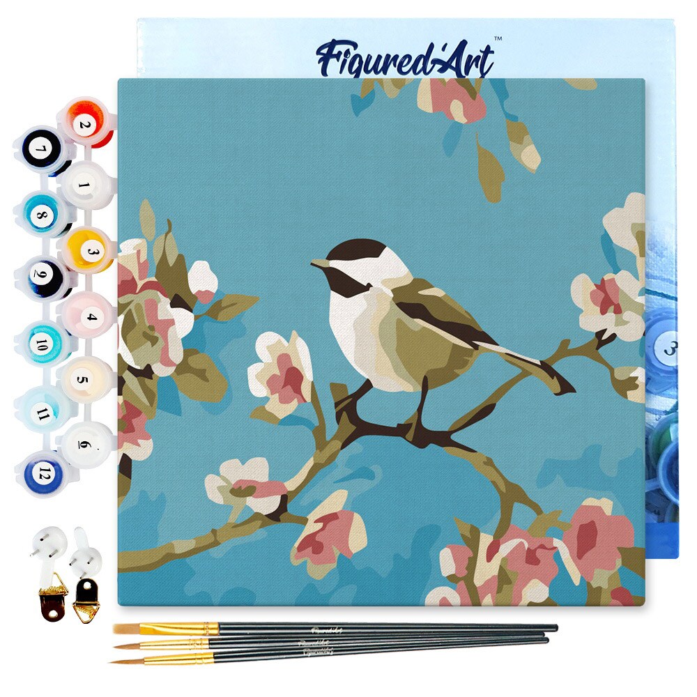 Figured&#x27;Art Mini Paint by Numbers Kit for Adults with Frame Birds Painting Small format 8&#x22;x8&#x22; - Craft Art Painting DIY Canvas Already Stretched on a Wooden Frame