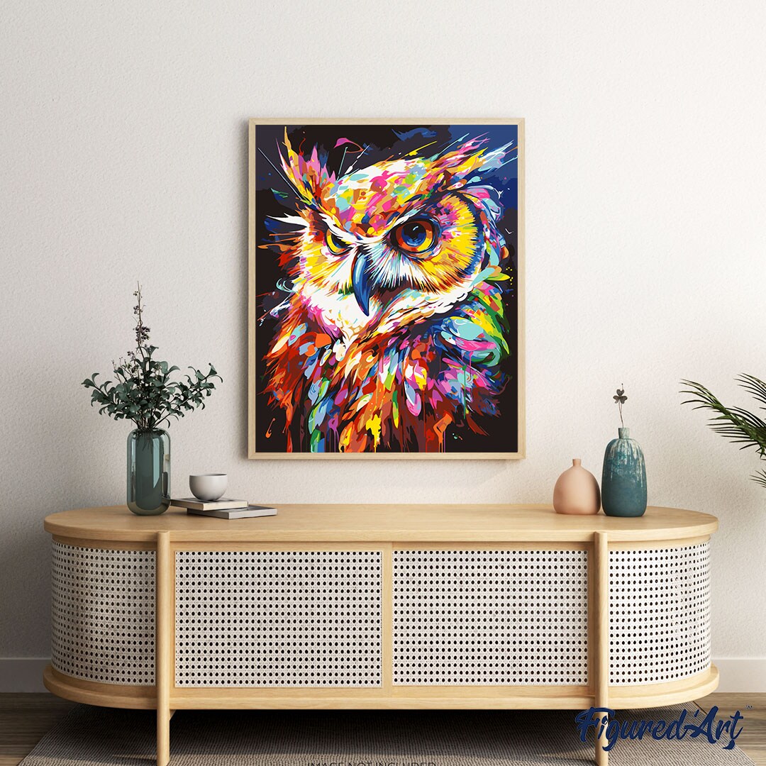 Figured&#x27;Art Paint by Number for Adults Colorful Abstract Owl 16&#x22;x20&#x22; - Craft Art Painting Rolled Canvas with DIY Wooden Frame