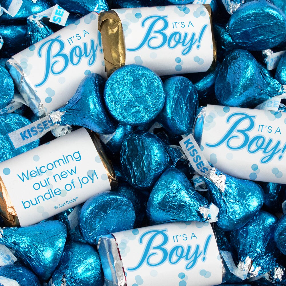 124 Pcs It's a Boy Baby Shower Candy Party Favors With Wrapped Miniatures Chocolate & Blue Kisses For Goodie Bags, Dessert Tables And More (1.52lbs) - Bubble