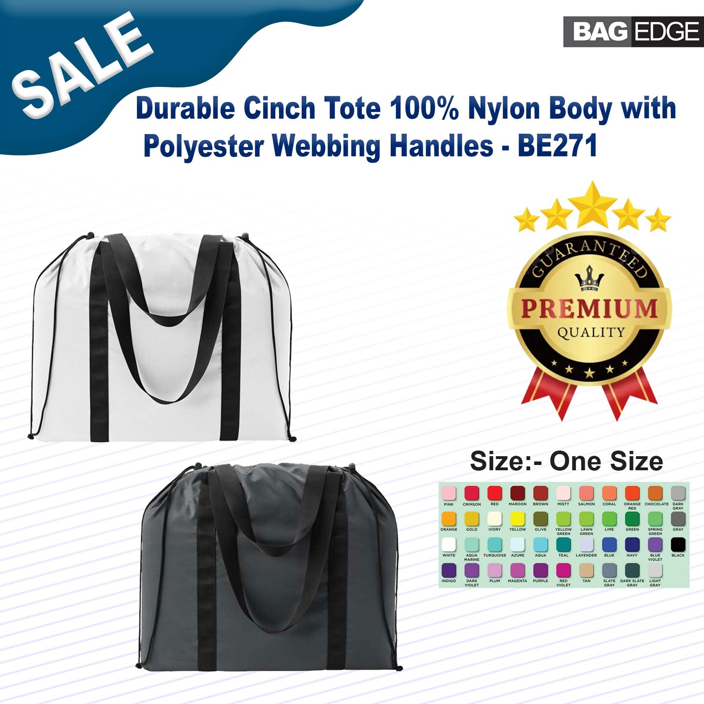BAGedge&#xAE; Durable Cinch Tote 100% Nylon Body with Polyester Webbing Handles