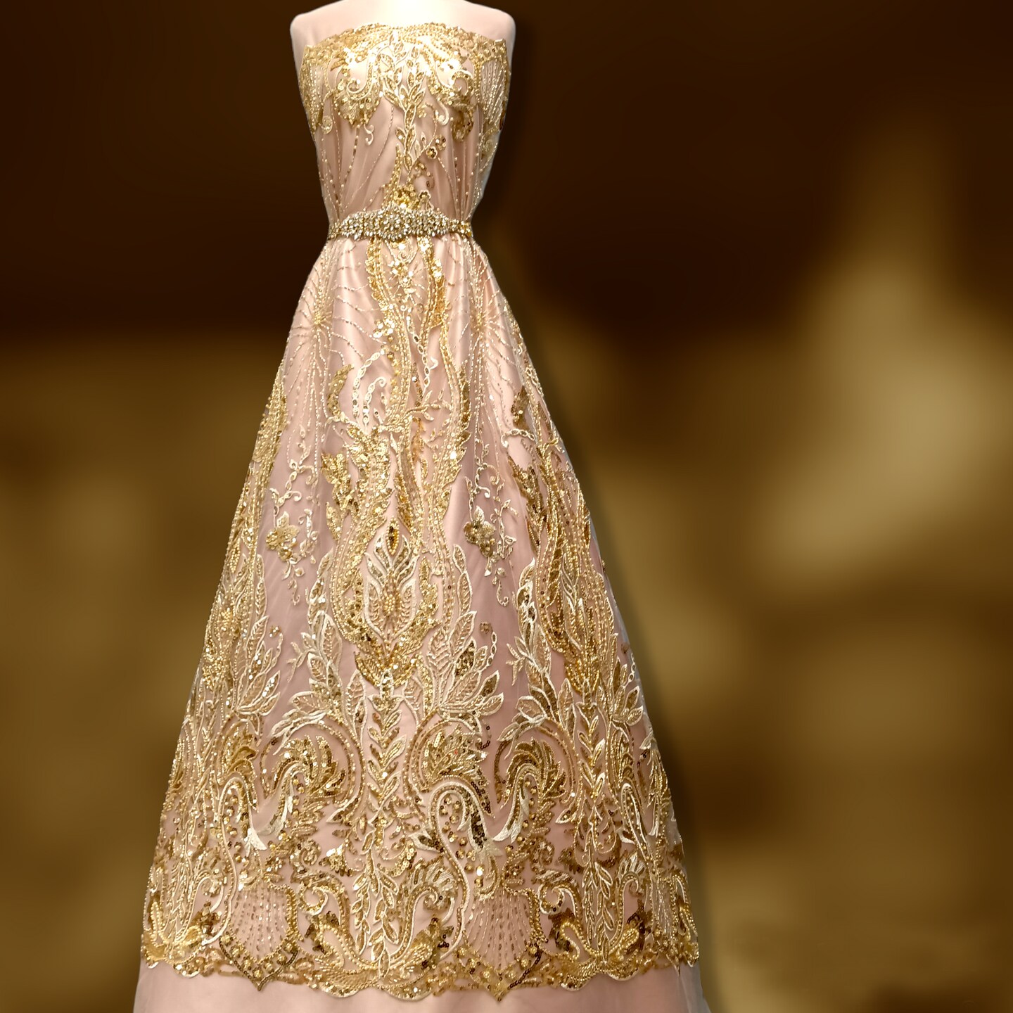 1 Yard Beaded Lace Fabric, 51" Wide Embroidered Polyester Net Mesh for Bridal, Evening & Quinceañera Dresses