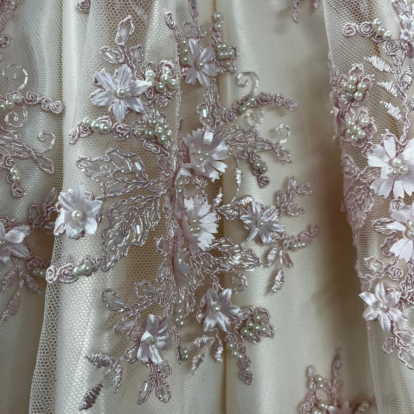 1 Yard Whimsical Pink Beaded 3D Floral Lace Fabric on Net Mesh 50 inch Width