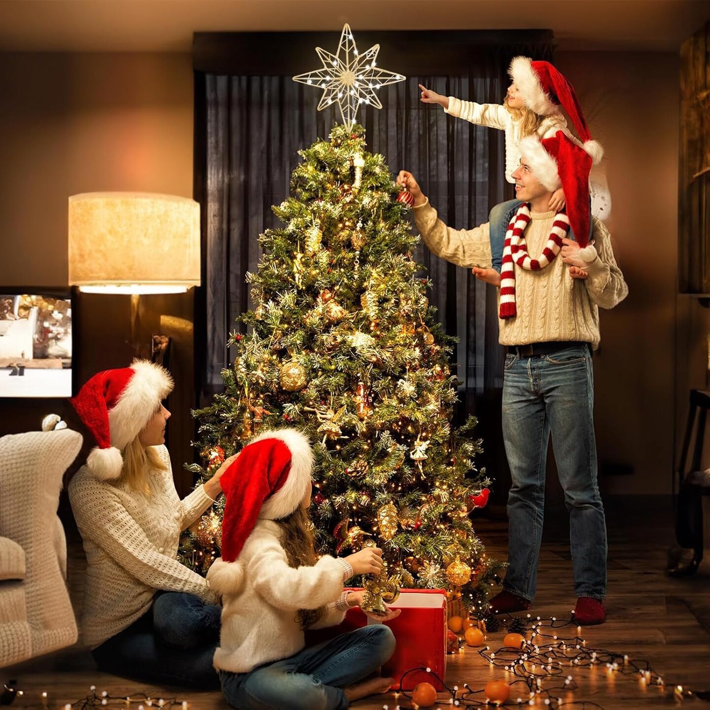 Christmas Tree Topper, 11 Inches Lighted Gold Glittered 8-Point Star Tree Topper