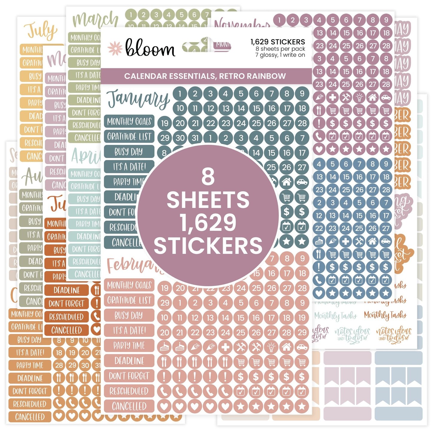 bloom daily planners Planner Stickers, Calendar Essentials Pack, Retro Rainbow
