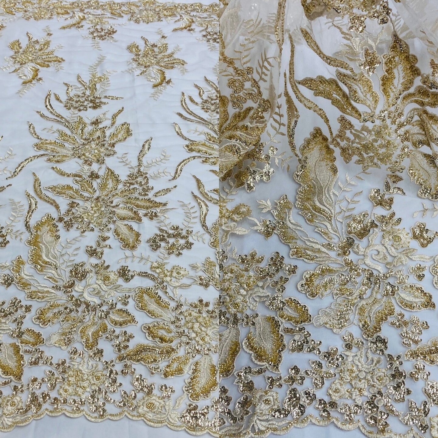 1 Yard Gold Beaded Lace Fabric Embroidered on Polyester Net Mesh 50 Inch Width