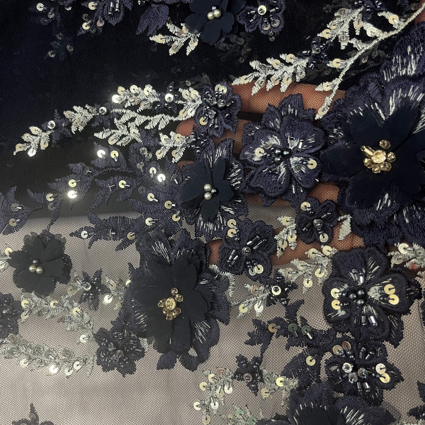 1 Yard Beaded 3D Floral Lace Fabric with Rhinestones, 51" Wide Embroidered Mesh