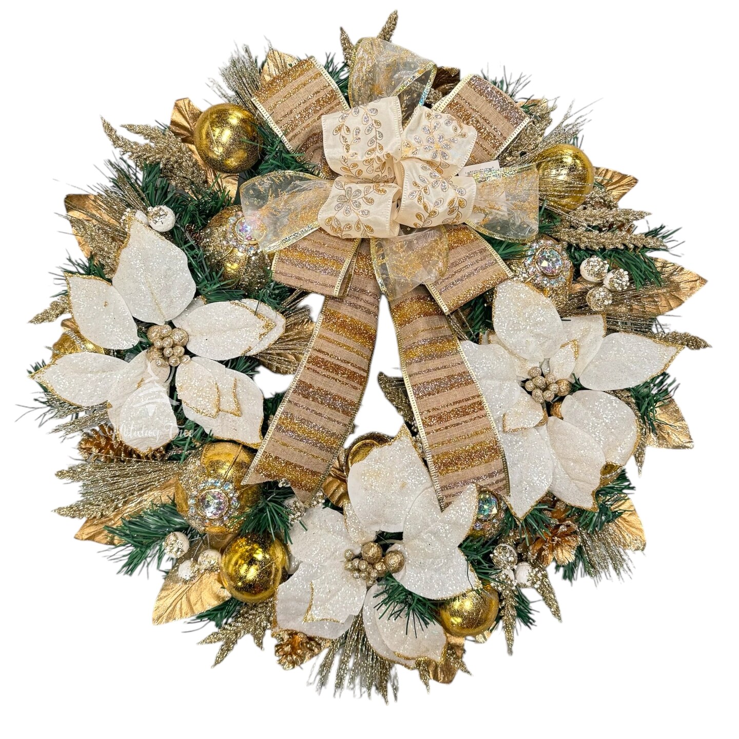 White Gold Poinsettia Wreath - 22" Handcrafted Elegant Christmas Décor