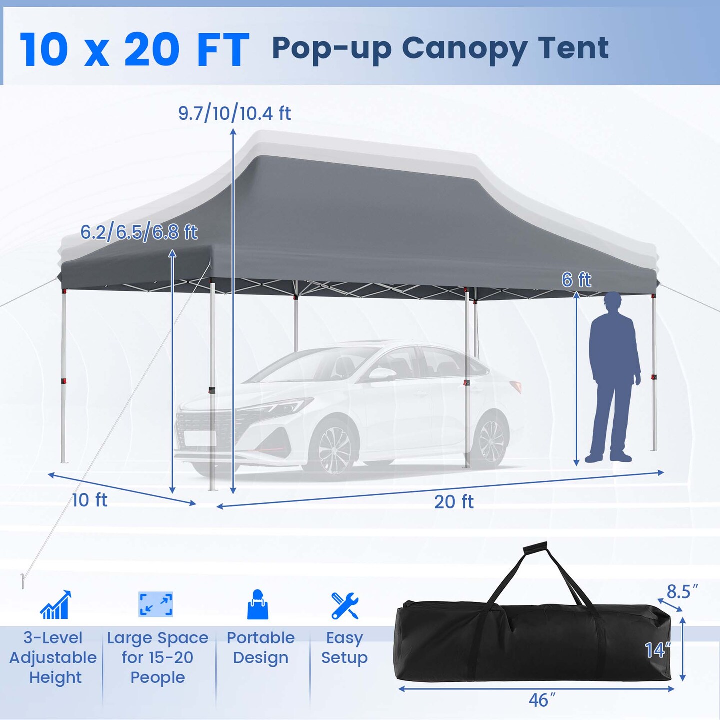 Costway 10 x 20 FT Pop-up Canopy UPF50+ Sun Protection Tent with Carrying Bag Blue/Black/Grey/White/Pink