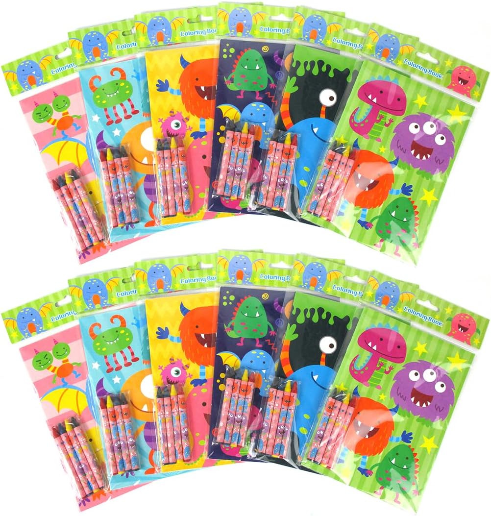 TINYMILLS Monster Coloring Book Set with 12 Coloring Books and 48 Crayons Monster Birthday Party Favor Bag Filler Carnival Prizes Rewards Classroom Party Halloween Favors