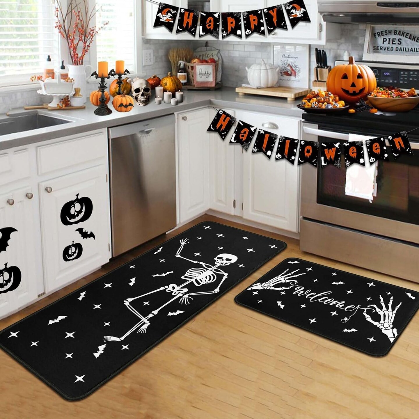 Halloween Kitchen Rugs and Mats for Floor, Halloween Decorations for Home, 2 Pcs Non-Slip Backing Pumpkin Mat, Halloween Decor Holiday Kitchen Rug Sets with Runner (Welcome, 17&#x22;X47.2&#x22;+17&#x22;X30&#x22;)