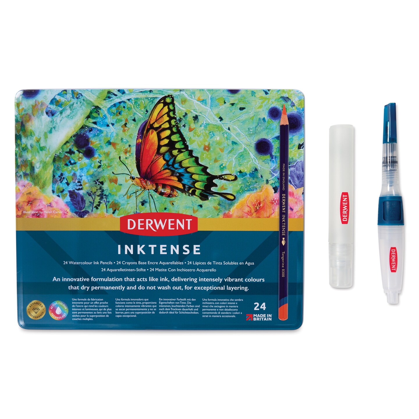 Derwent Inktense Pencils - Assorted Colors, Tin Box, Set of 24 with Waterbrush and Spritzer