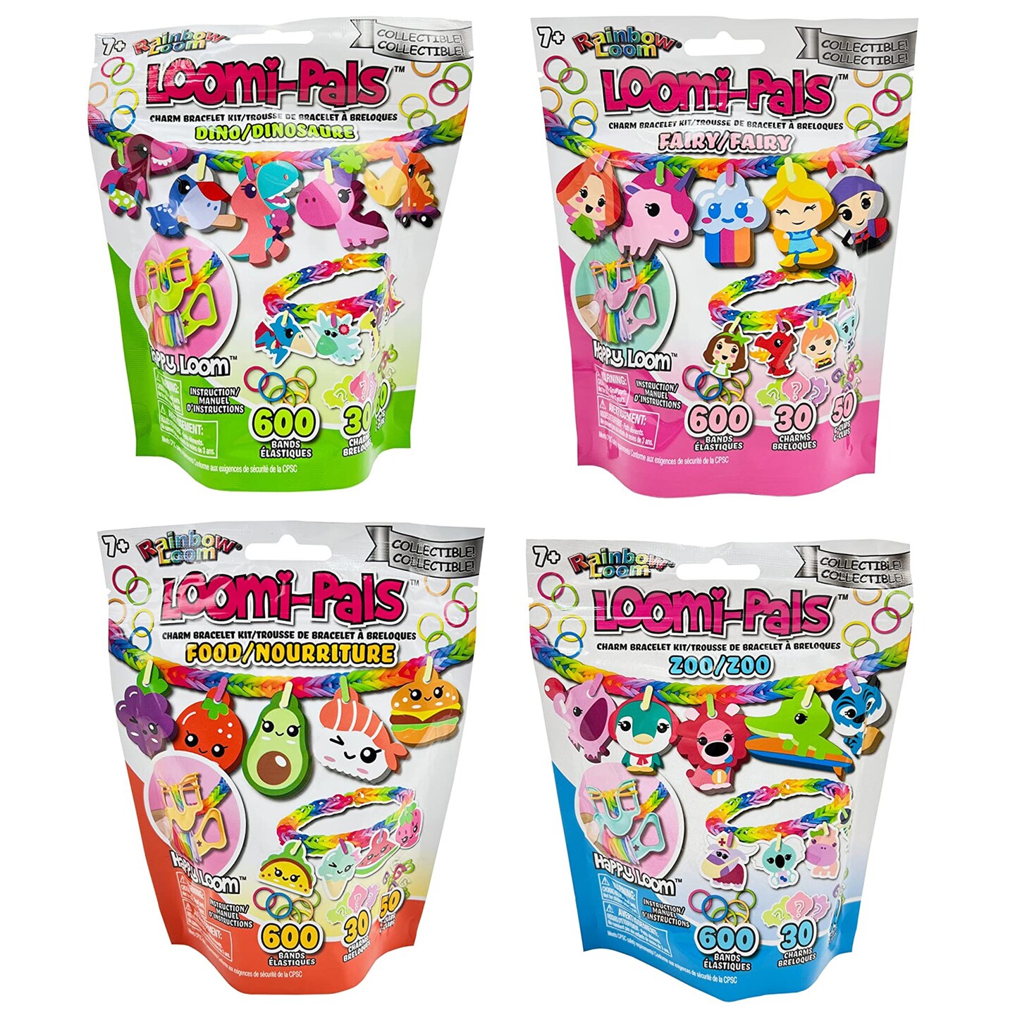 Rainbow Loom: Loomi-Pals Collectible 4 PK Bundle: Zoo, Dino, Fairy, Food - 4 Rubber Band DIY Charm Bracelet Kits, Design &#x26; Create, Ages 7+