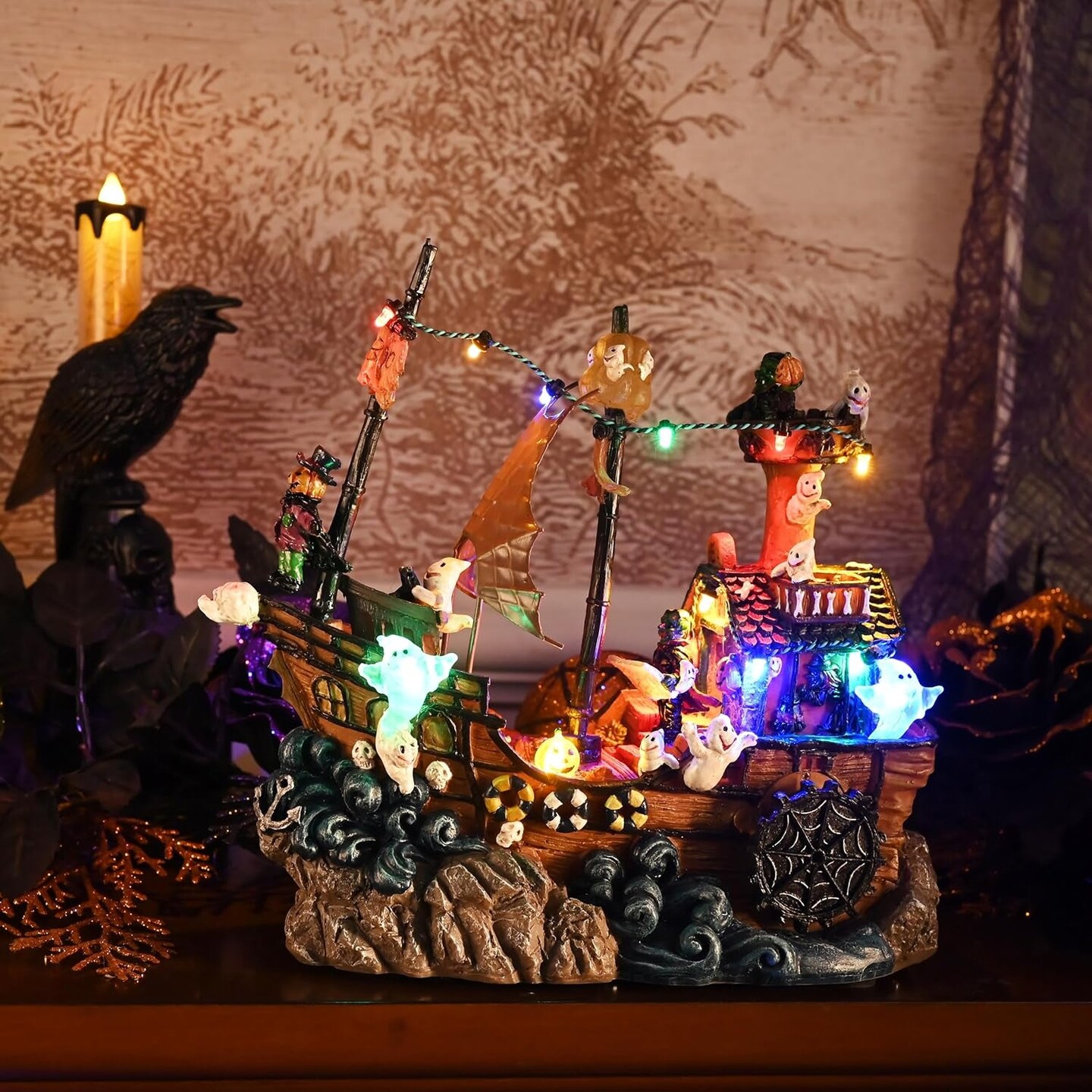 Scary Halloween Village Decorations Indoor for Home Decor, 10Inch Lighted Cute Halloween Resin House Statue with Music and Light for Table Yard Garden Outdoor Party Decor