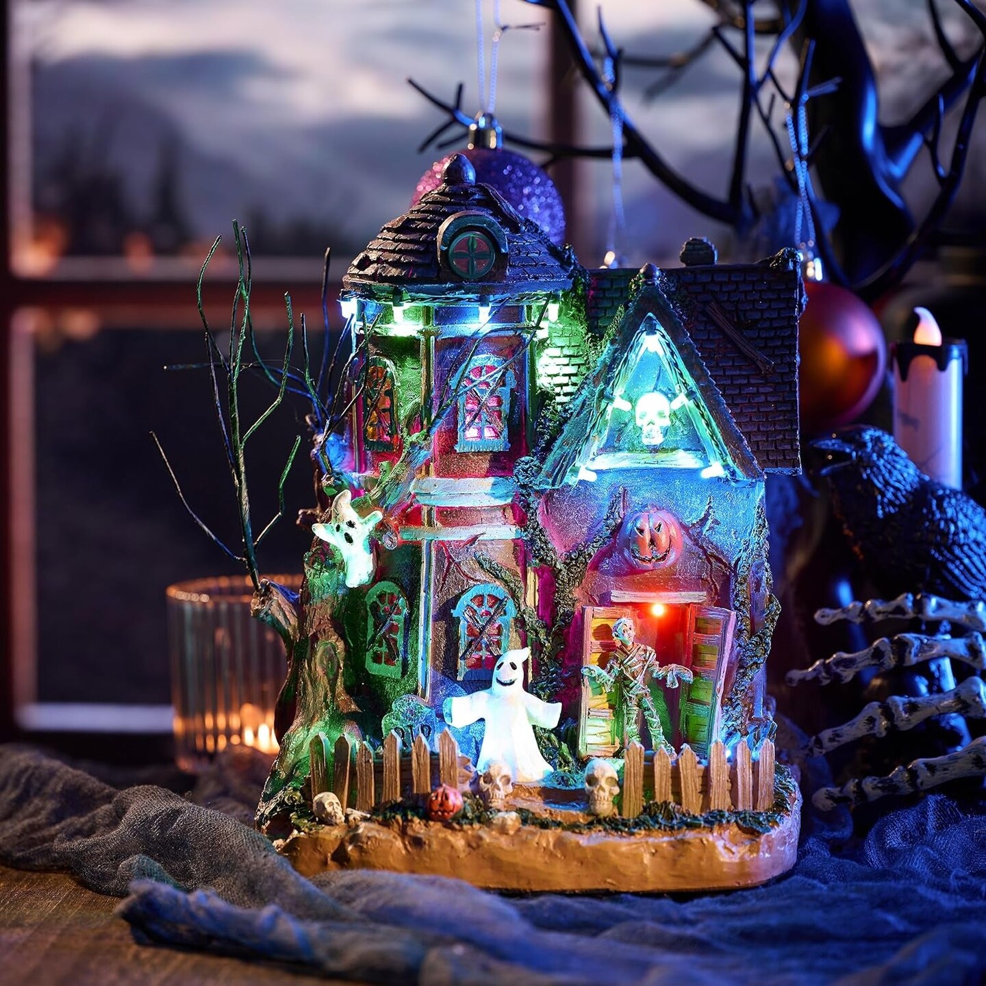 Halloween Village for Home Decor, 10Inch Lighted Cute Halloween House Resin Statue with Music and Colorful Light, Haunted House Gift for Table Yard Outdoor Indoor Party Decoration