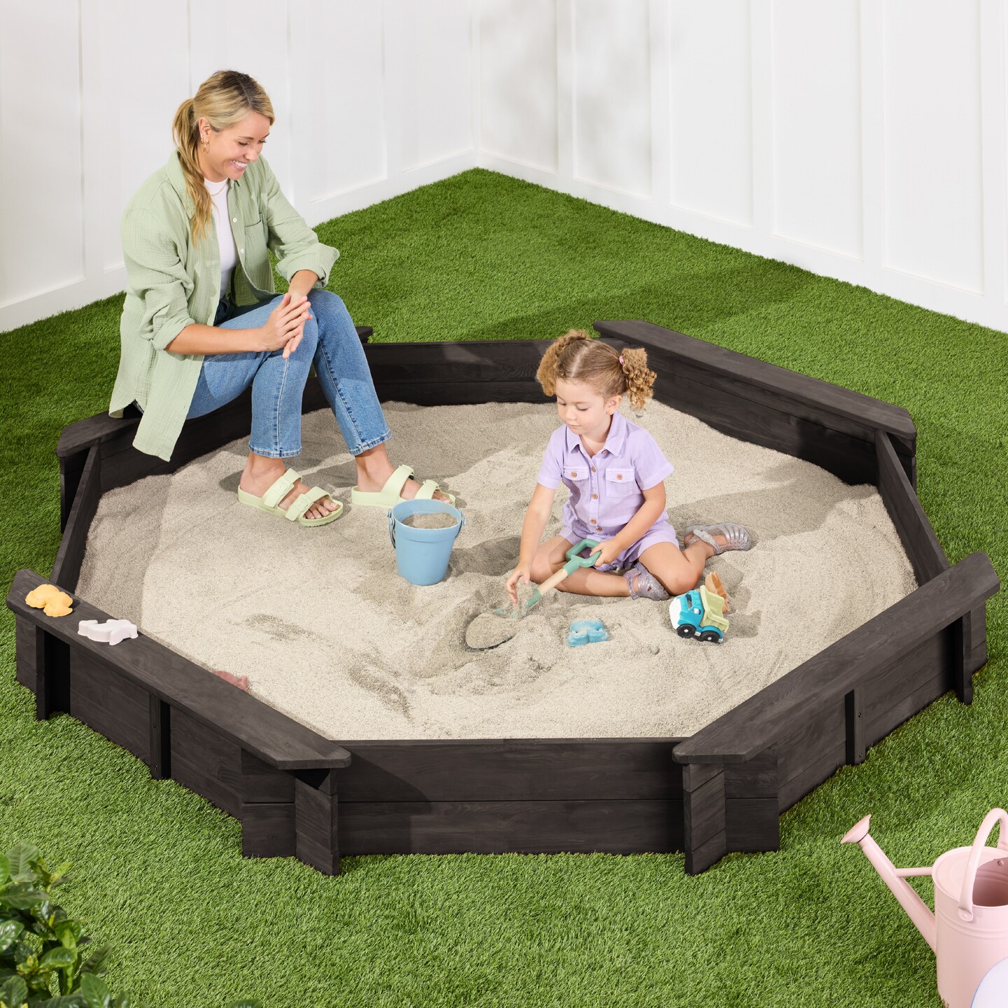 Octagonal Wooden Sandbox With Canopy & Lid For Kids 3-10 Years - Large Outdoor Sand Box With Adjustable Roof