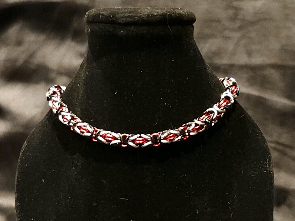 Red, Black and Silver chain mail bracelet (Byzantine Series