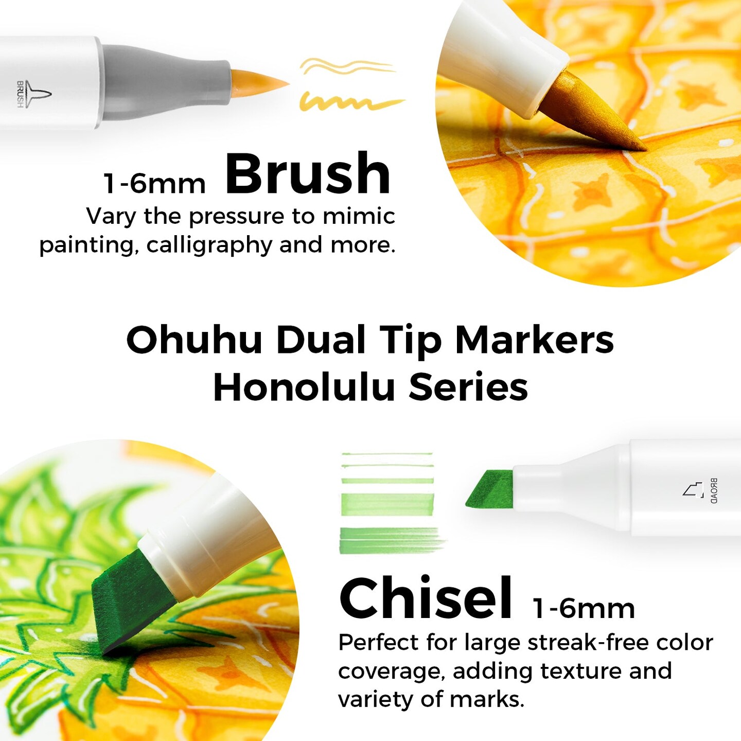 Ohuhu 6 Colors Dual Tips Alcohol Art Markers - Brush &#x26; Chisel- Honolulu of Ohuhu Markers - Basic/Pastel/Skin Tone Colors