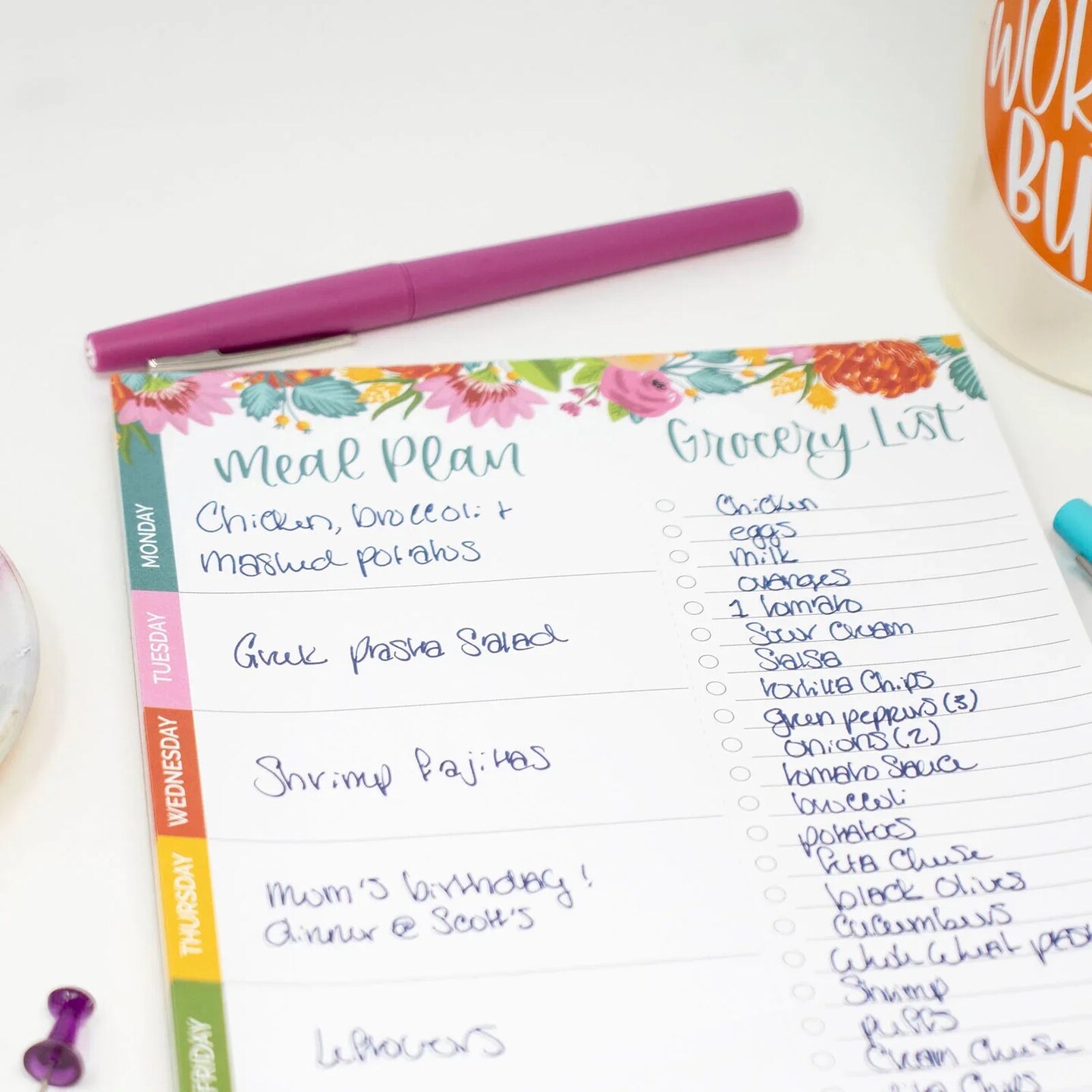 bloom daily planners Planning Pad, 6" x 9", Meal Planning Pad with Magnets, Pink Floral