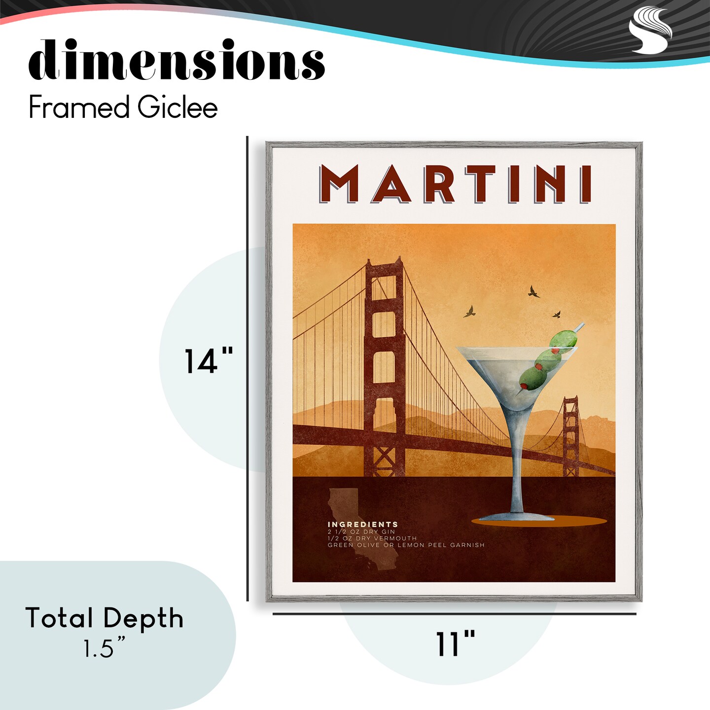 Stupell Industries Retro Martini & Bridge View Framed Giclee, design by Brett Blumenthal