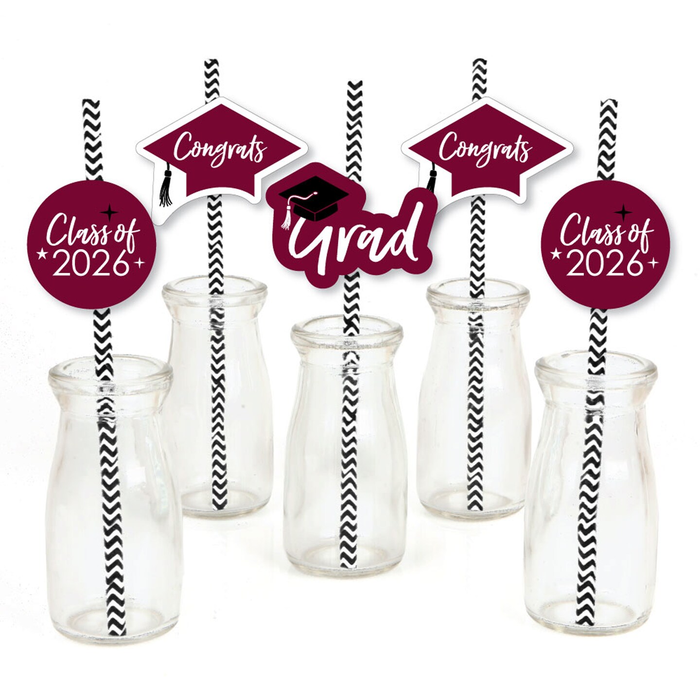 Big Dot of Happiness Maroon 2026 Graduation Paper Straw Decor - Party Striped Decorative Straws - Set of 24