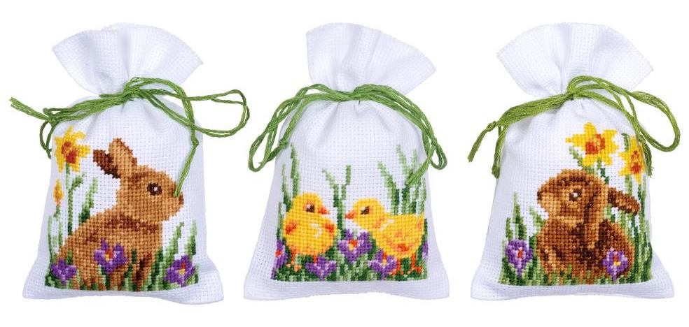 DIY Vervaco Rabbits with Chicks Easter Favor Gift Bag Counted Cross Stitch Kit