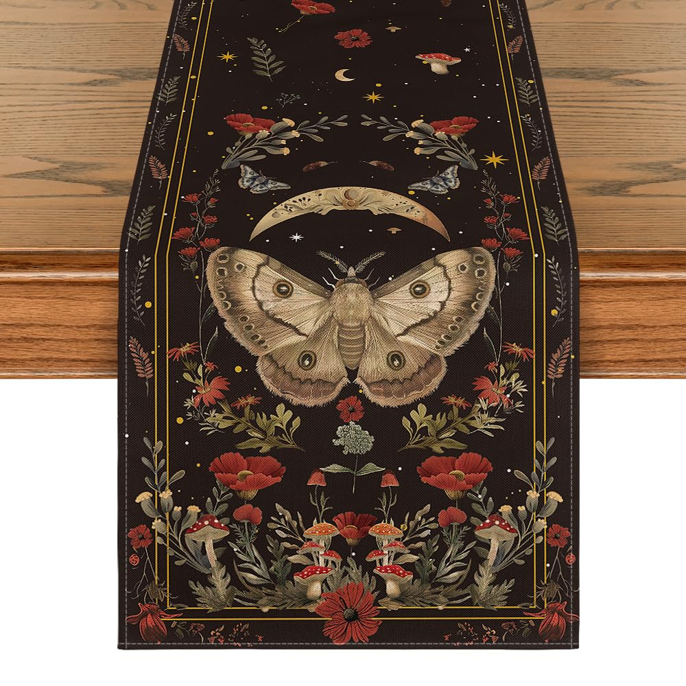 Poppy Moth Mushroom Moon Fall Table Runner, Seasonal Autumn Kitchen Dining Table Decoration for Home Party Decor 13x72 Inch