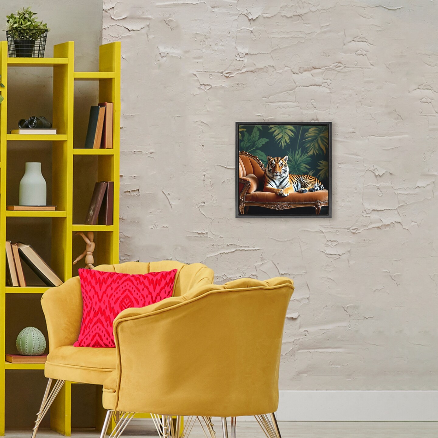 Stupell Industries Tiger Lounging on Chaise Floating Frame, design by Lettered and Lined