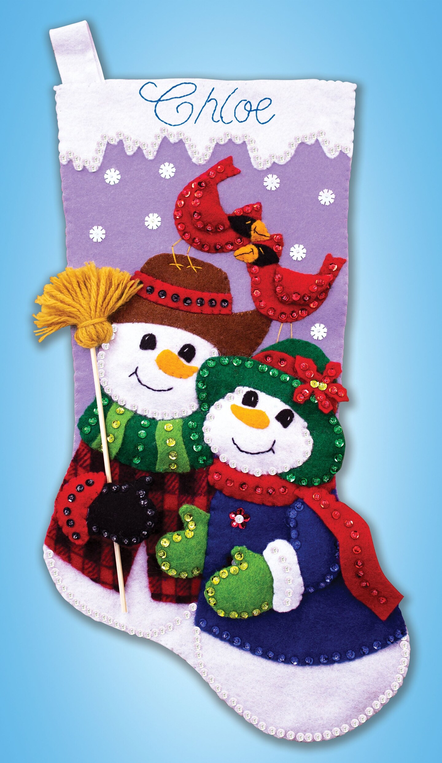 DIY Design Works Snowman Couple Cardinals Christmas Felt Stocking Kit