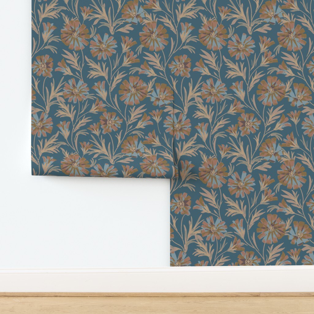 Boho Floral Botanical Wildflowers Meadow Garden Earth Tone Blue Brown Mocha Hand Painted Floral Large Scale Modern Farmhouse Cottagecore Custom Pre-pasted Wallpaper by Spoonflower Pre-Pasted Wallpaper 2FT Wide