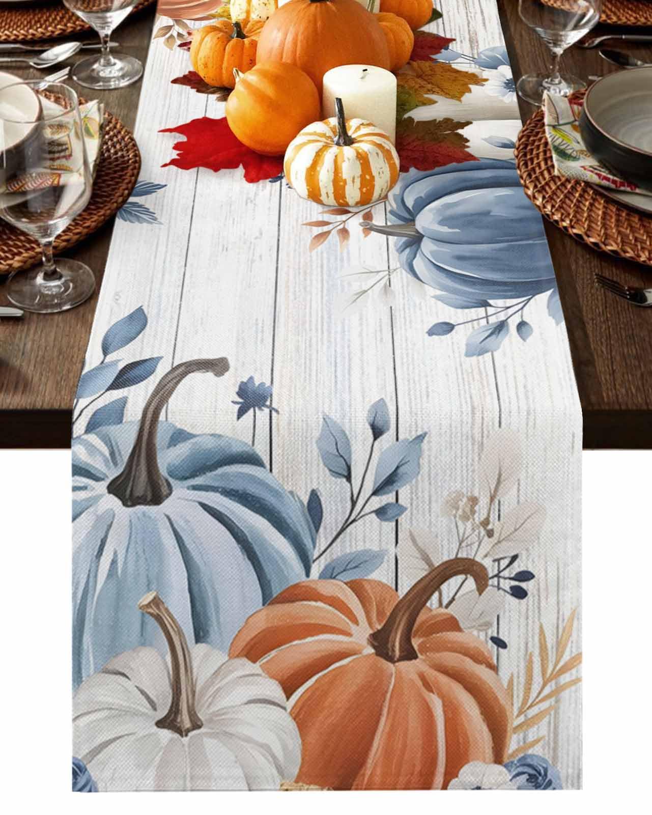 Fall Table Runner Blue Pumpkin Table Runners for Dining Room Leaves Floral Wood Grain Dinner Runner Thanksgiving Kitchen Decor 13" x 72"