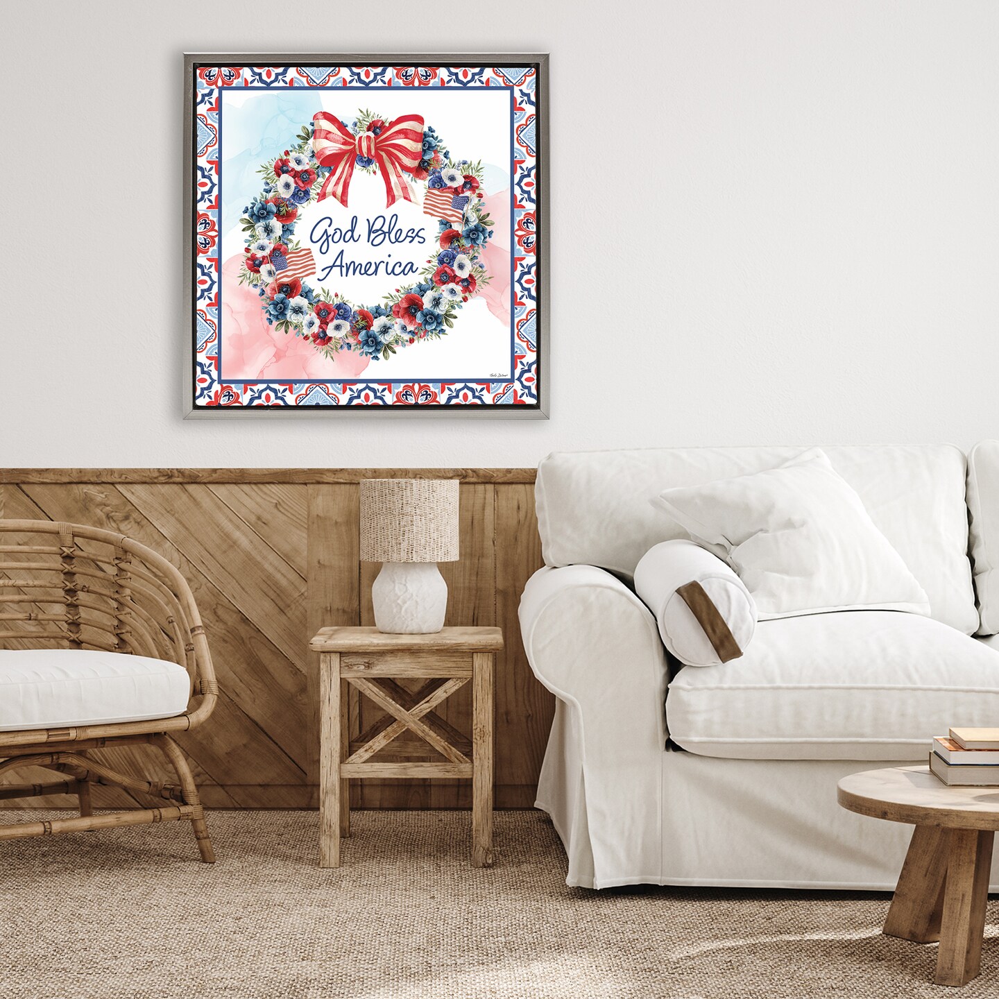 Stupell Industries God Bless America Wreath Floating Frame, design by Nicole DeCamp